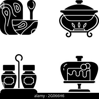 Modern tableware black glyph icons set on white space Stock Vector