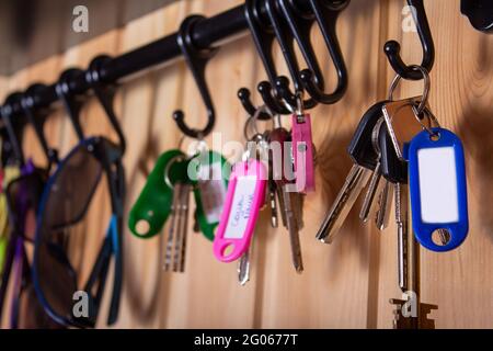 Pink keychain with copy space. Close up.  Stock Photo