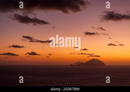 sunset on Filicudi Island, Salina island, Aeolian Islands, Sicily, Italy, Europe Stock Photo