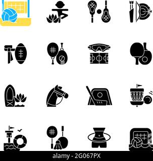 Summer sports and camp activities black glyph icons set on white space Stock Vector