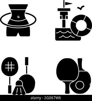 Summer camp activities black glyph icons set on white space Stock Vector