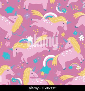 Vector pattern with cute unicorns, clouds,rainbow and stars. Magic background with little unicorns Stock Vector