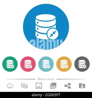 Shrink database flat white icons on round color backgrounds. 6 bonus icons included. Stock Vector