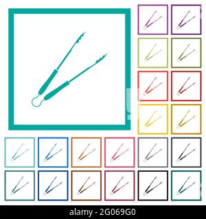 Barbecue tongs flat color icons with quadrant frames on white background Stock Vector