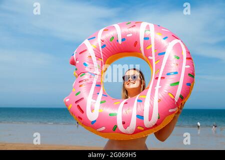 Gullane Beach, East Lothian, Scotland. 01 June 2021.  Ellie ,20, a student from Edinburgh enjoying the heatwave in Scotland at Gullane Beach. © Richard Newton / Alamy Live News Stock Photo