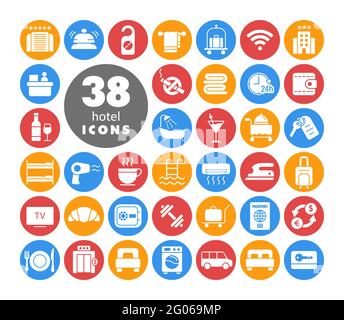 Hotel vector flat white glyph icon set. Graph symbol for travel and tourism web site and apps design, logo, app, UI Stock Vector