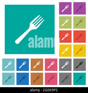 Single fork multi colored flat icons on plain square backgrounds. Included white and darker icon variations for hover or active effects. Stock Vector