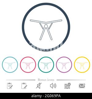 Collapsible clothes dryer rack flat color icons in round outlines. 6 bonus icons included. Stock Vector