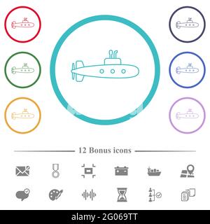 Submarine flat color icons in circle shape outlines. 12 bonus icons included. Stock Vector