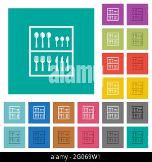 Flatware box multi colored flat icons on plain square backgrounds. Included white and darker icon variations for hover or active effects. Stock Vector