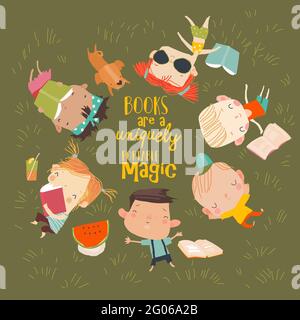 Happy Children lying on Grass and reading Books Stock Vector