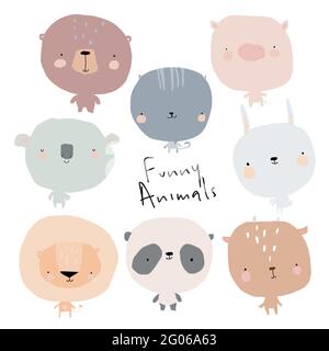 Set of Cute cartoon Animals on White Background Stock Vector