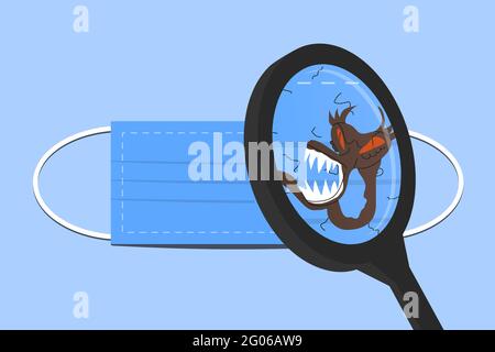 Scary worm monster on a protective face mask. Dangerous parasite fantastic animal. Stock Vector