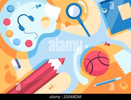 Banner template with school supplies. Flyer design in flat style. Stock Vector