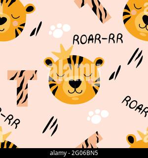 Pattern with a cute tiger in flat style, for t-shirts, posters and prints for children. Vector Stock Vector