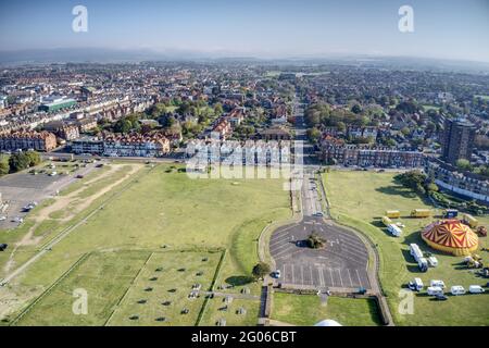 Aerial View of Littlehampton East Beach Green at this popular tourist destination in Southern England. Stock Photo