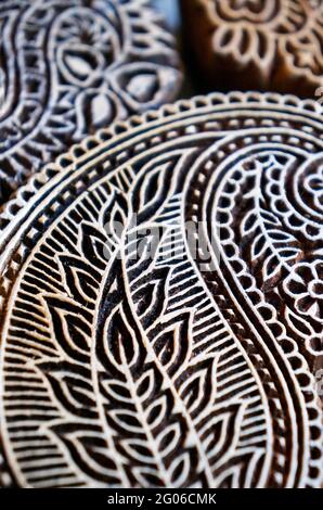 Traditional Indian block prints. Wood blocks used for handmade textile printing. Stock Photo