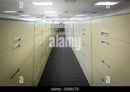 Row of old metal filing cabinets Stock Photo