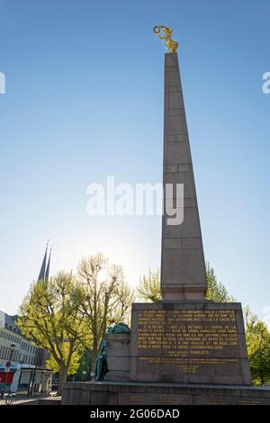 Europe, Luxembourg, Luxembourg City, The Monument of Remembrance (Monument du Souvenir) with the Gëlle Fra (Golden Lady) Stock Photo