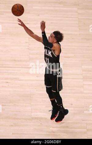 Atlanta Hawks guard Trae Young hist a three-pointer against the New York Knicks on Sunday, May 30, 2021, in Atlanta, Georgia. (Photo by Curtis Compton/The Atlanta Journal-Constitution/TNS/Sipa USA) Credit: Sipa USA/Alamy Live News Stock Photo