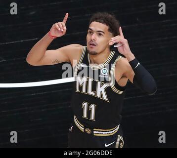 Atlanta Hawks guard Trae Young reacts as he takes on the New York KnicksSunday, May 30, 2021, in Atlanta, Georgia. (Photo by Curtis Compton/The Atlanta Journal-Constitution/TNS/Sipa USA) Credit: Sipa USA/Alamy Live News Stock Photo