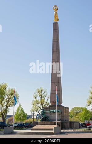 Europe, Luxembourg, Luxembourg City, The Monument of Remembrance (Monument du Souvenir) with the Gëlle Fra (Golden Lady) Stock Photo