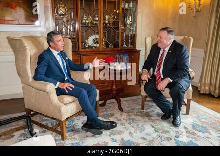Secretary of State Michael R. Pompeo meets with former NATO Secretary General Anders Fogh Rasmussen in Copenhagen, Denmark, on July 22, 2020 Stock Photo