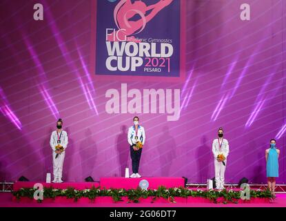 Award ceremony ball Ashram Linoy (ISR) wins gold medal, Averina Dina (RUS) wins silver medal and Averina Arina (RUS) wins bronze medal during the Rhythmic Gymnastics FIG World Cup 2021 Pesaro at Vitrifrigo Arena, Pesaro, Italy on May 30, 2021 - Photo FCI / Fabrizio Carabelli / LiveMedia Stock Photo