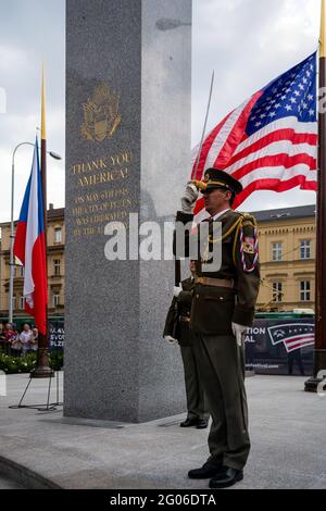 Secretary of State Michael R. Pompeo visits the “Thank You America” Memorial, in Pilsen, Czech Republic, on August 11, 2020. Stock Photo