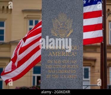 Secretary of State Michael R. Pompeo visits the “Thank You America” Memorial, in Pilsen, Czech Republic, on August 11, 2020. Stock Photo