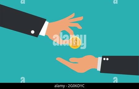 Businessman giving or offering bag of money to another hand. Receiving money concept. Vector Design Stock Vector