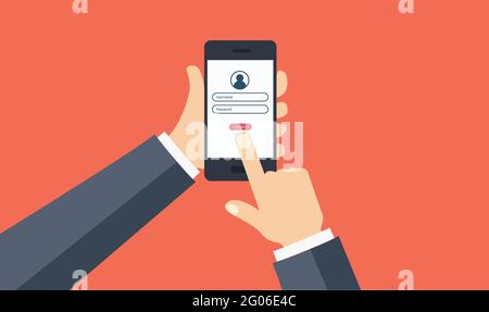 Log in screen. Mobile application interface. Hands holding. Website UI with buttons and network account. Stock Vector