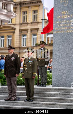 Secretary of State Michael R. Pompeo visits the “Thank You America” Memorial, in Pilsen, Czech Republic, on August 11, 2020. Stock Photo