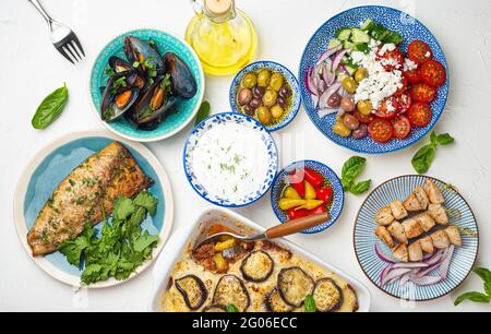 Assorted traditional Greek dishes from above Stock Photo Alamy