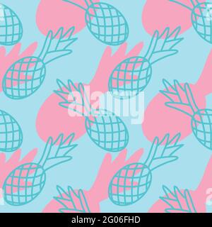 Tropical pineapple seamless pattern, summer background pineapple pink blue outline, trendy color, design for fabric, textile print Stock Vector