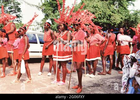 1990s Trinidad and Tobago - Performers await their turn at Heritage Festival in Tobago ca. 1990s Stock Photo