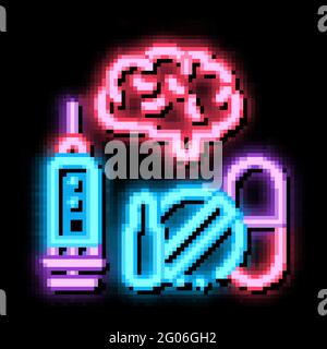 Brain, Syringe And Pills neon glow icon illustration Stock Vector