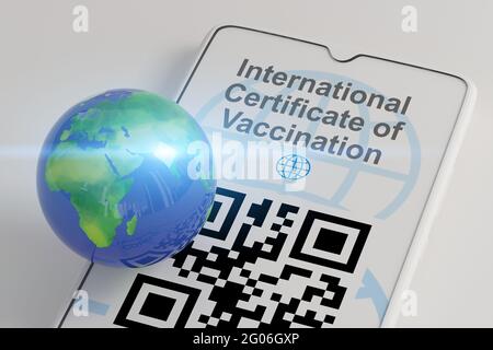 Covid19 passport, certificate of person vaccinated against Covid. International Certificate Of Vaccination, QR code on mobile phone, Earth globe, 3d i Stock Photo