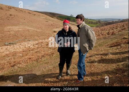 Rory Stewart, the Conservative parliamentary candidate for the Penrith and the Border’s constituency, speaking with farmer Jane Barker, during his 2010 general election campaign. Dalefoot, Heltondale, Cumbria, UK.  16 Apr 2010 Stock Photo