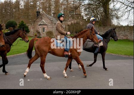 Rory Stewart (Green tartan hat cover and tweed jacket), the Conservative parliamentary candidate for the Penrith and the Border’s constituency, riding out with staff from the  Greystoke Stables, during his 2010 general election campaign.  Greystoke Stables, Greystoke, Cumbria, UK.  16 Apr 2010 Stock Photo