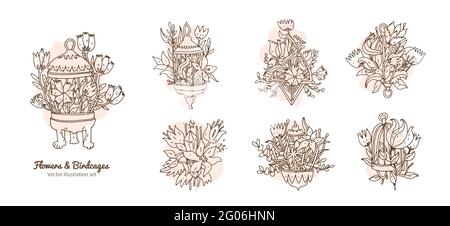Flowers in a birdcages set. Line art hand drawn doodle design elements with floral botany at birdcages. Elegance and aesthetic vector outline icons se Stock Vector