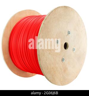 Red cable large spool, Roll - wooden spool. Stock Photo