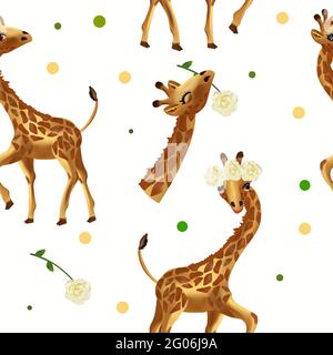 Cute Tropical giraffe seamless pattern. Pattern with wild animals, Head Giraffe, flower. 3d Vector illustration Stock Vector