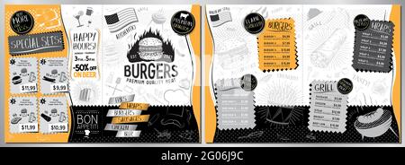 Burger bar menu template - A3 to A4 size (burgers, wraps, grill, sides, sets) - vector illustration Stock Vector