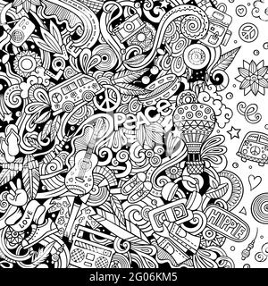 Hippie hand drawn vector doodles illustration. Hippy frame card design. Stock Vector