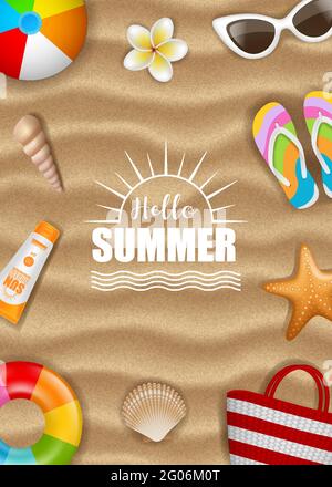 Hello summer background with summer elements on sand background Stock Vector