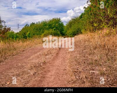 A dusty field road leading into the green and massive clouds in the sky Stock Photo