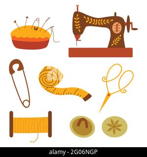 Set of elements for needlework and sewing. Thread, scissors and button, centimeter and sewing machine, pin and pillow for needles. Colorful vector ill Stock Vector