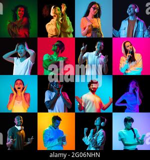 Group of young people men and women posing isolated on multicolored background in neon light. Collage. Stock Photo