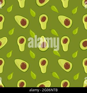 Seamless pattern avocado with leaves. Green background. Exotic fruit. Vector illustration hand drawn Stock Vector